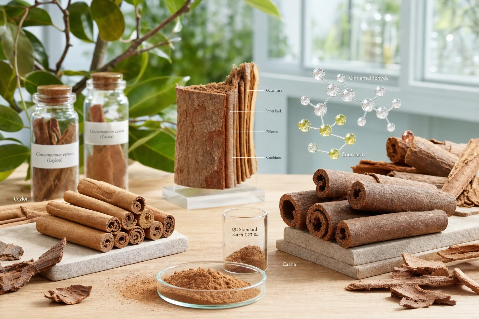 Botanical composition of cinnamon with Ceylon and cassia bark, references to cinnamaldehyde, polyphenols, and coumarin.