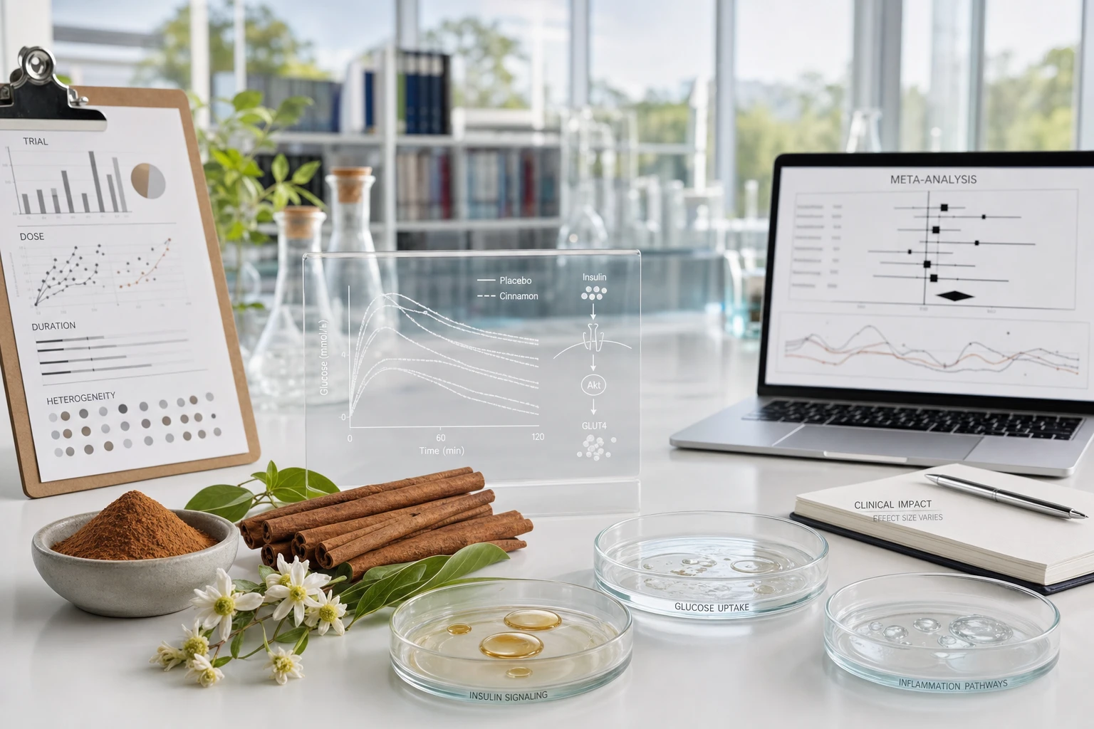 Cinnamon next to graphs and glassware, representing clinical trials, meta-analyses, and critical interpretation of scientific data.
