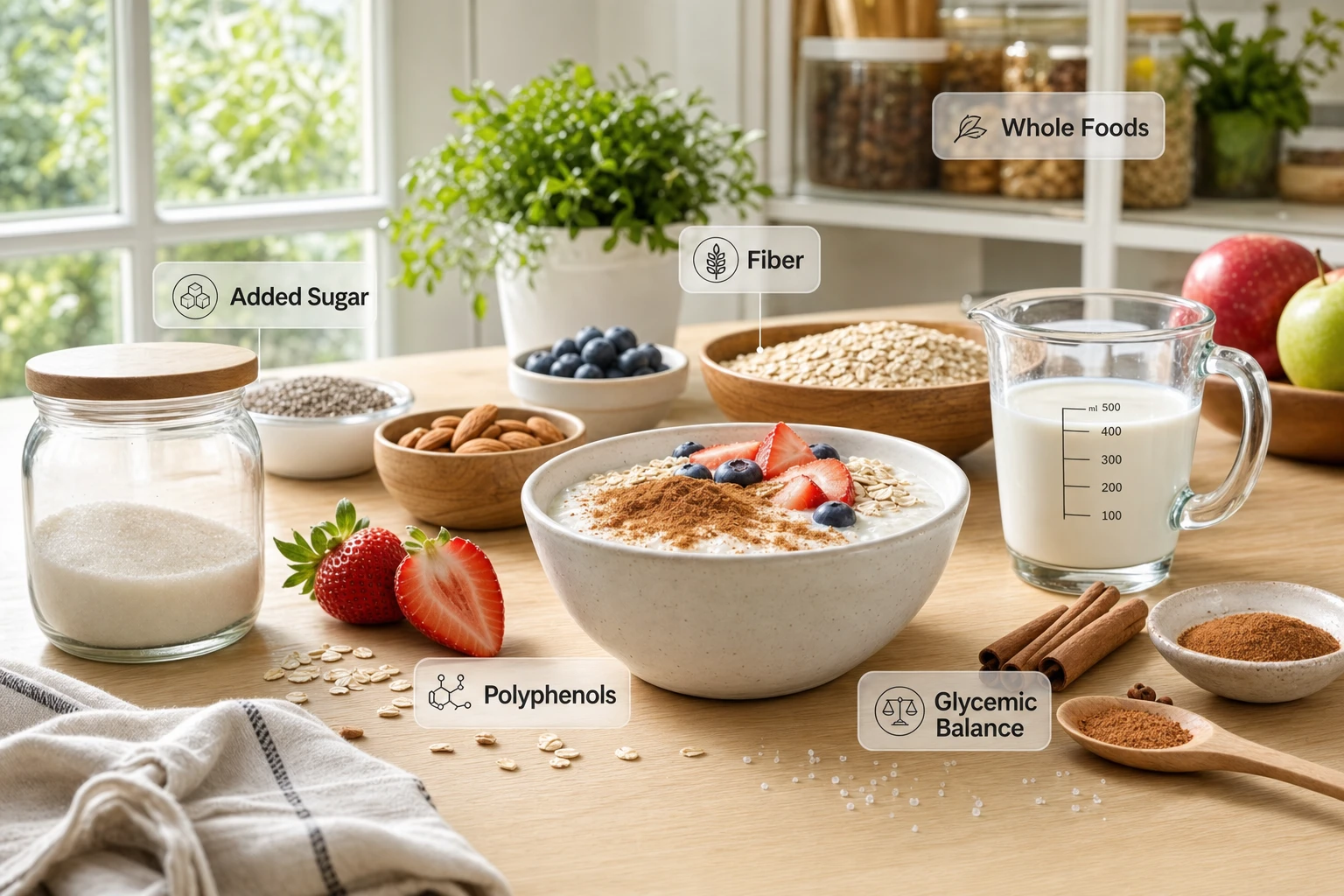 Bowl of whole foods with cinnamon, fruit, and low sugar, in a bright scene that evokes functional nutrition.