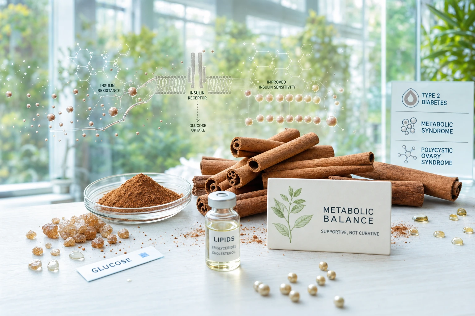 Scientific composition with cinnamon and metabolic symbols representing glycemia, insulin resistance, and prudent nutritional support.