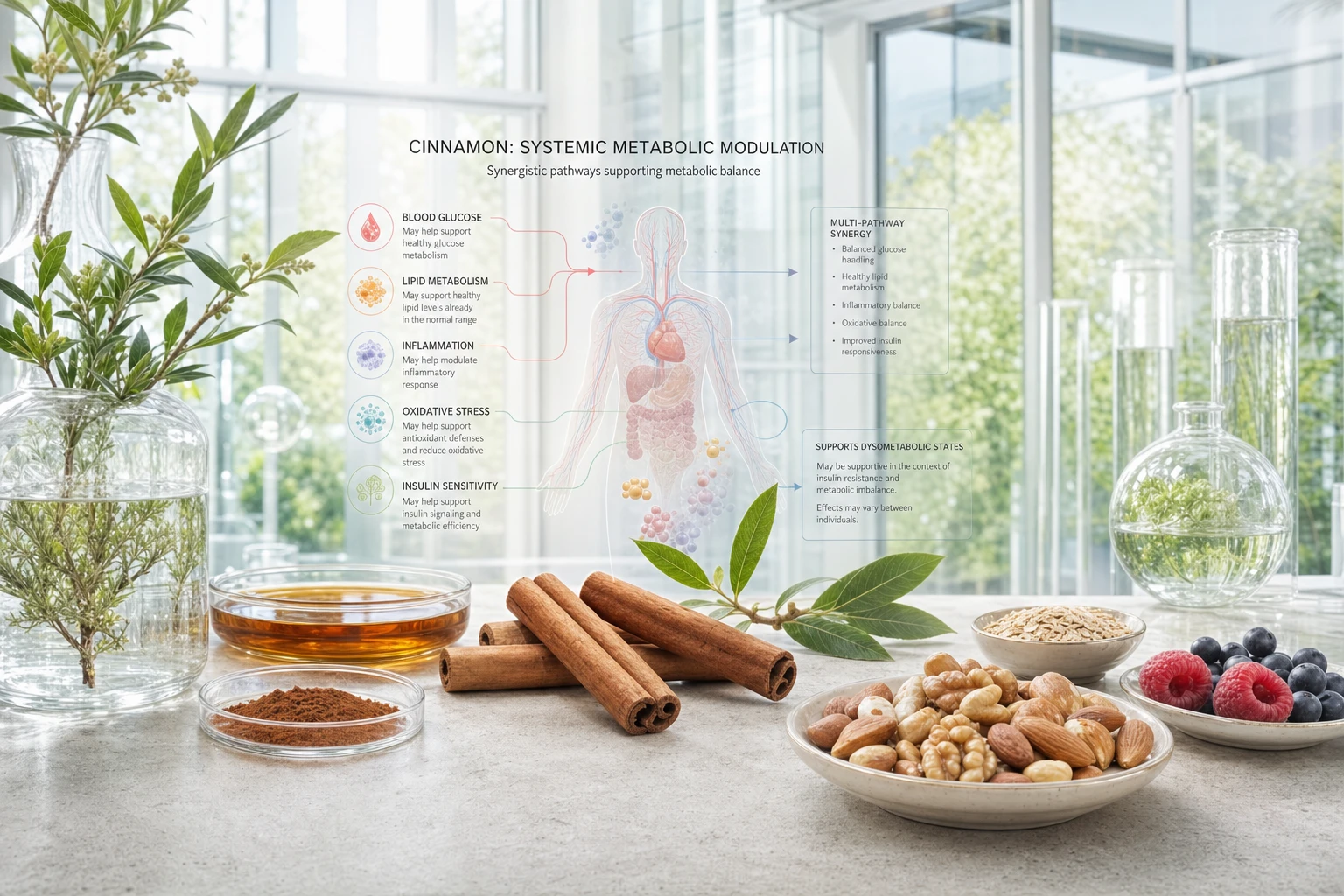 Cinnamon in a natural scientific context with references to glycemia, lipids, inflammation, and metabolic modulation.