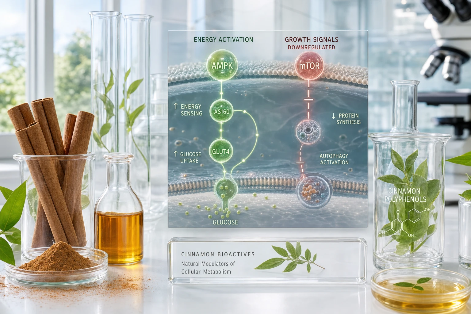 Scientific composition with cinnamon, molecules, and cell membranes, to illustrate its possible role in metabolic signals and glucose transport.