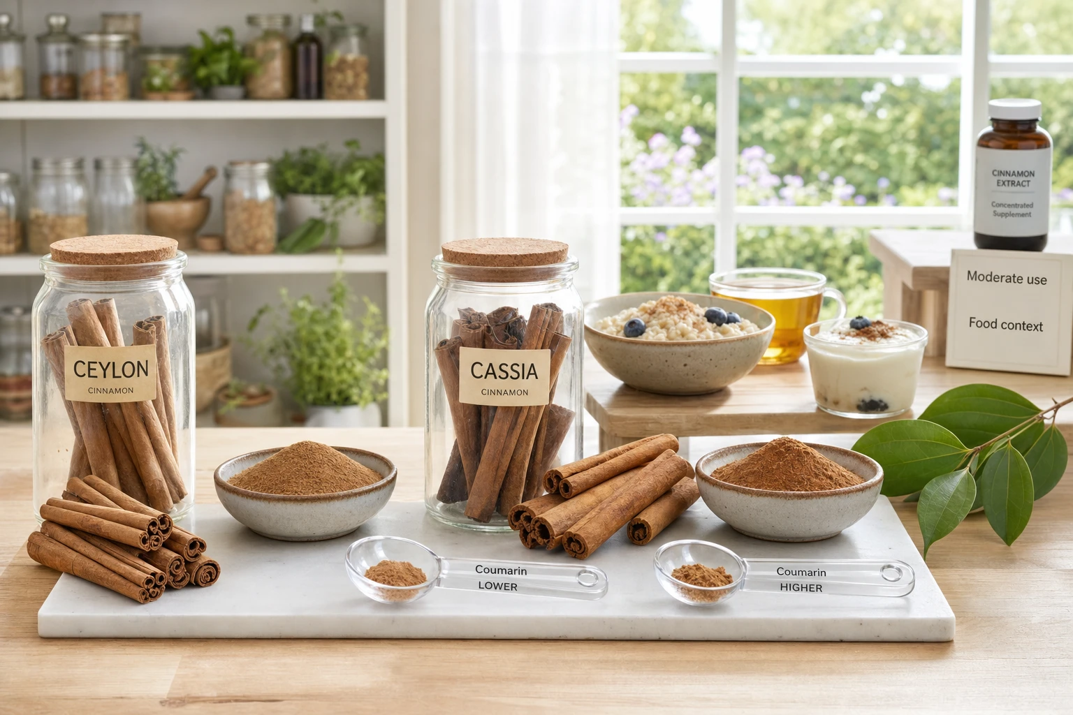 Still life with Ceylon and cassia cinnamon, measuring spoons, and simple food, to show dose, safety, and conscious use.
