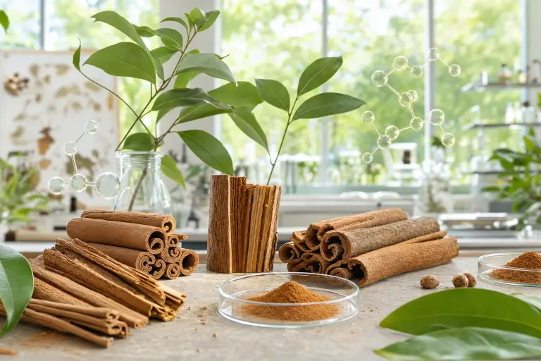 Cinnamon bark in a bright botanical-scientific scene, with discreet references to cinnamaldehyde, polyphenols, and coumarin.