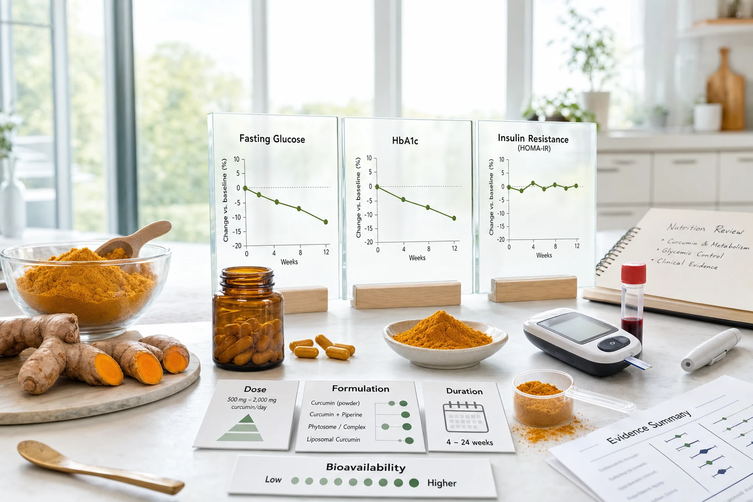 Turmeric, capsules, and graphs on glycemia and HbA1c in a bright scientific editorial scene.