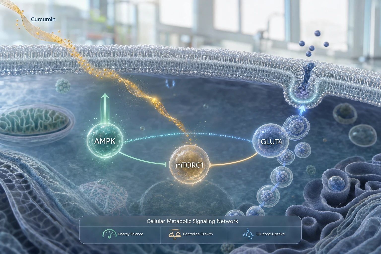 Molecular network with curcumin, AMPK, mTORC1, and GLUT4, illustrating energy control and glucose uptake into cells.
