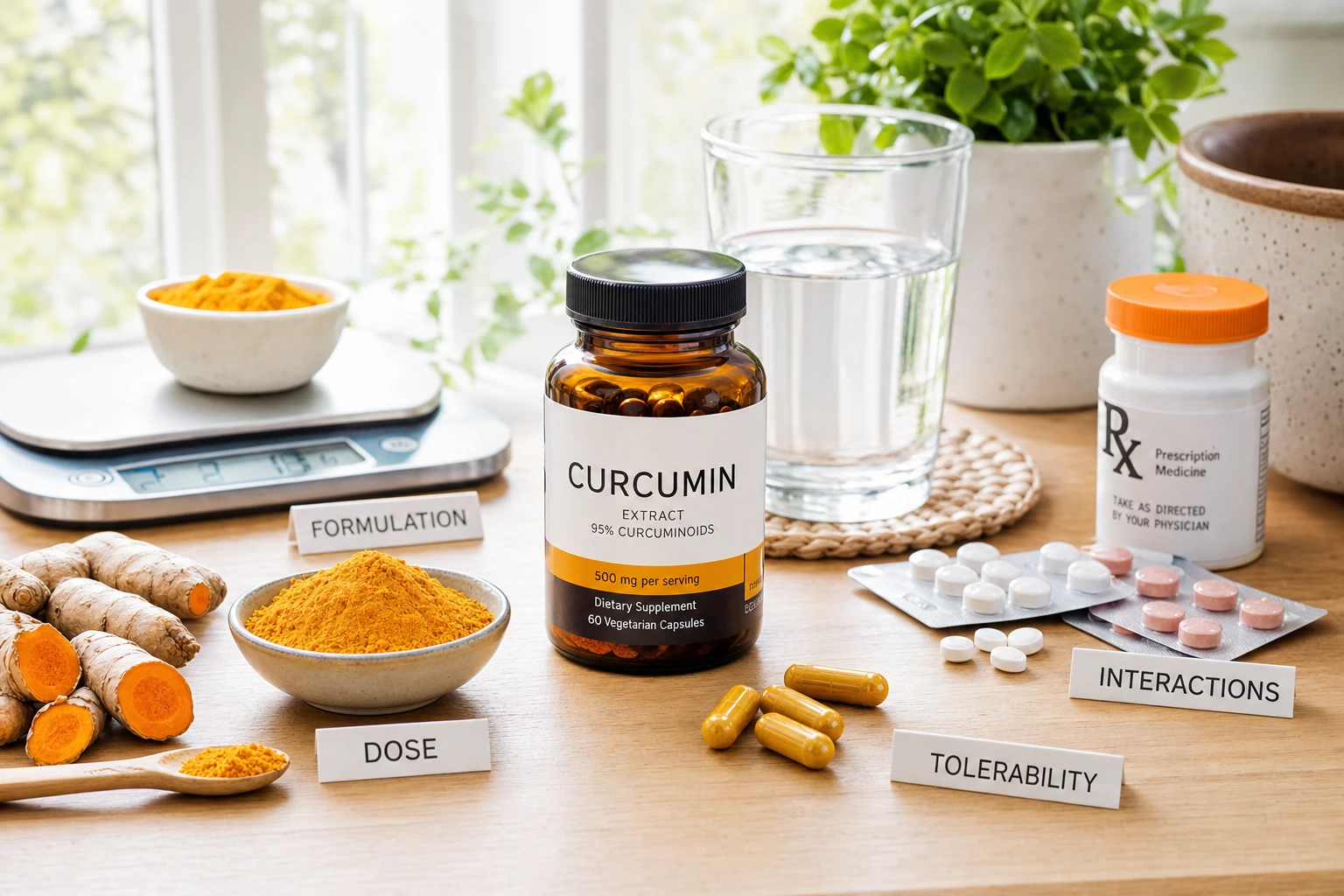 Turmeric, supplements, and medications on a bright domestic surface, with capsules, spices, and blister packs to evoke caution and possible interactions.