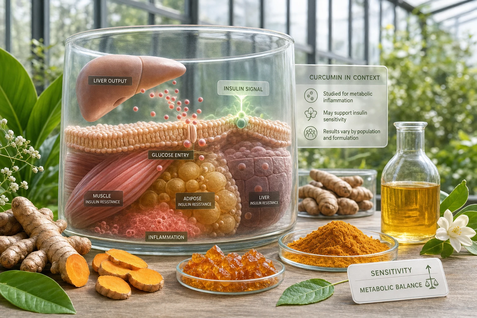 Scientific diorama with turmeric and blocked glucose, representing insulin resistance and the possible metabolic support of curcumin.