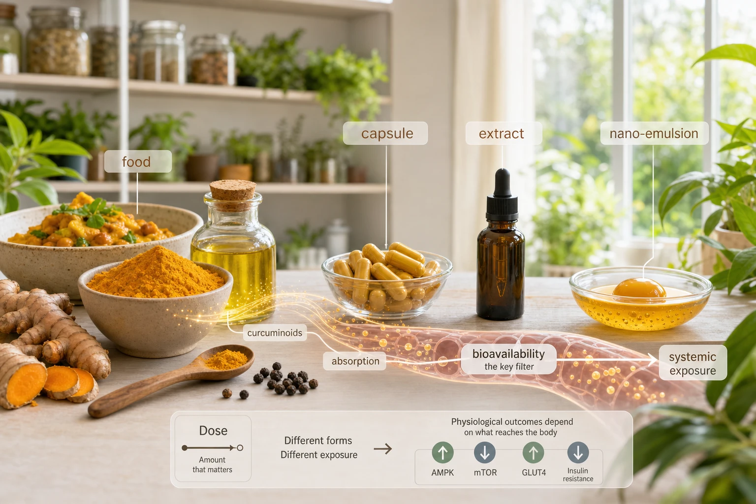 Scientific composition with turmeric, capsules, and extract, to show differences between food, supplements, and bioavailability.