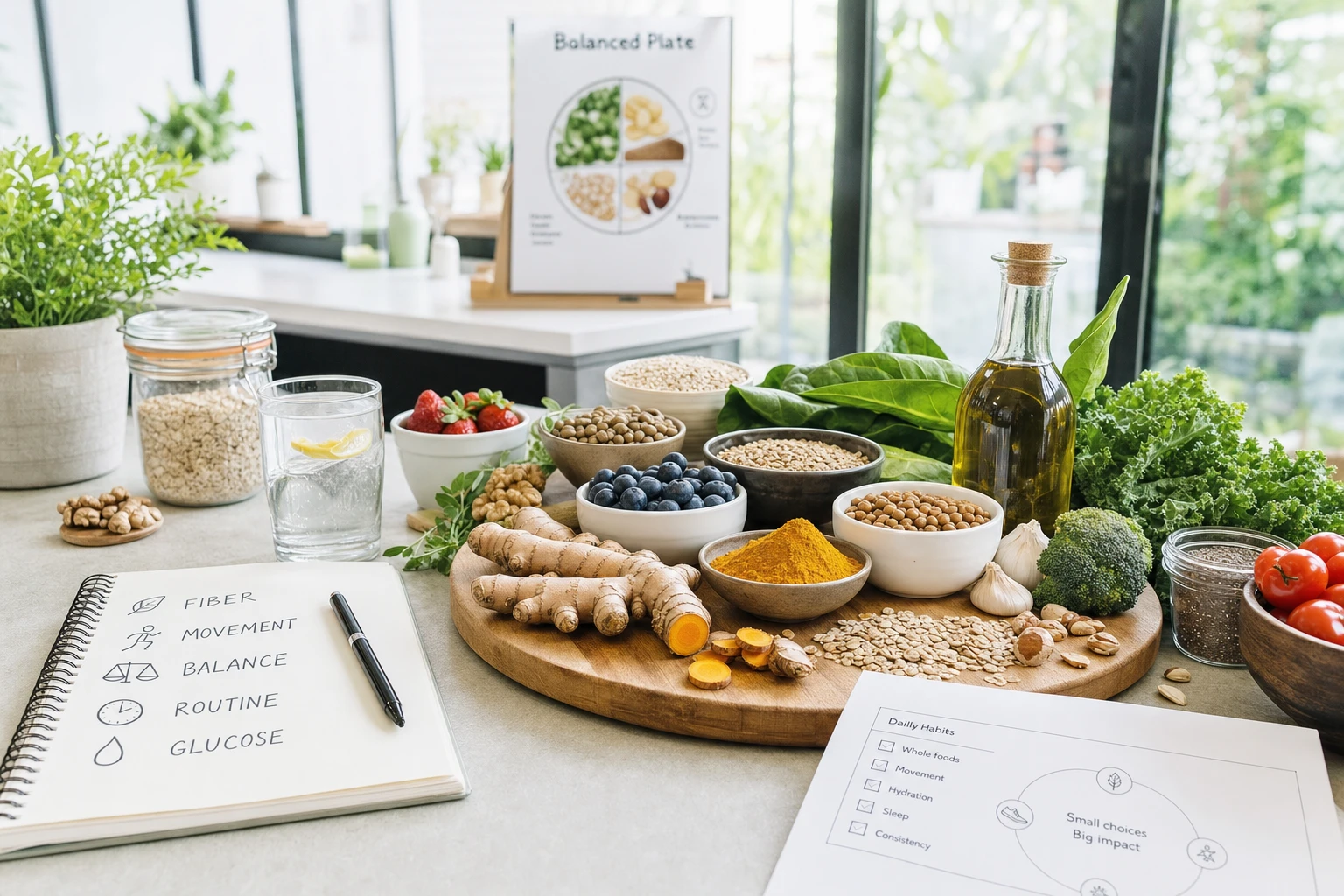 Still life with turmeric, healthy foods, and notes on metabolic routine, in a bright kitchen with a scientific editorial style.