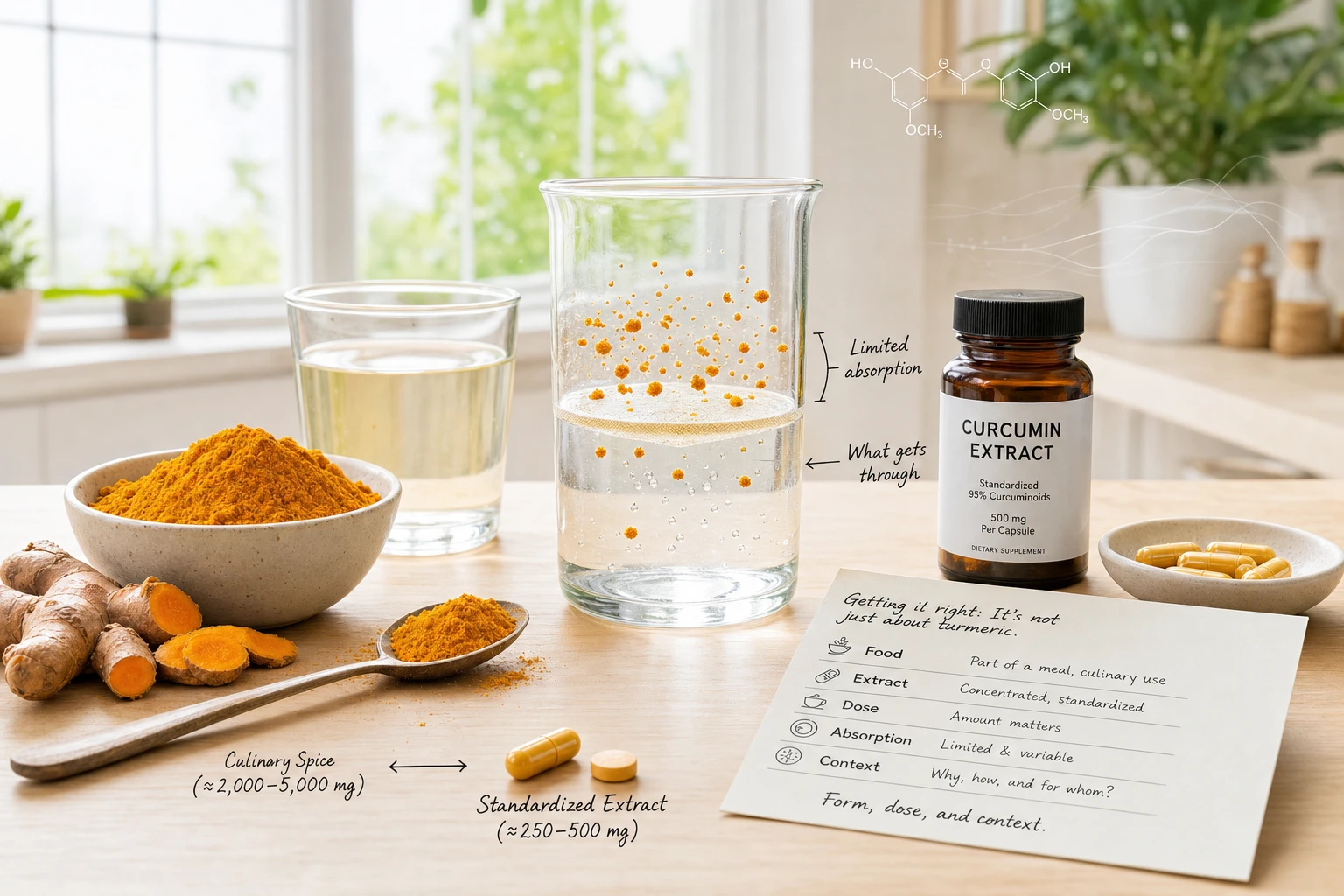 Turmeric in cooking, capsule extract, absorption filter, and notes on dosage, form, and bioavailability.