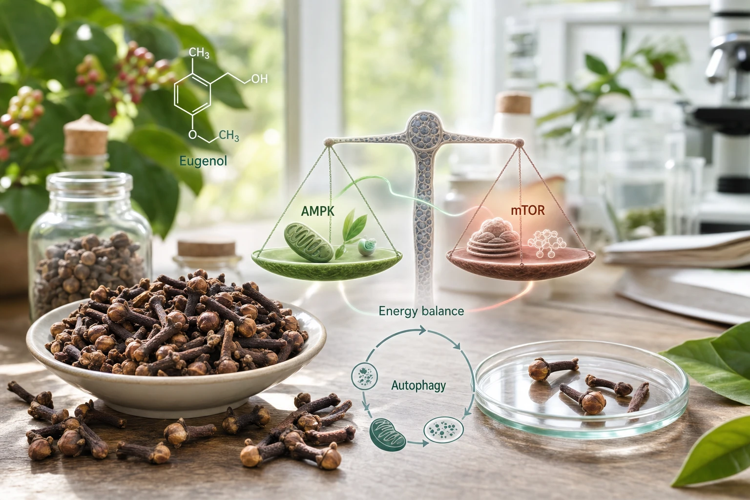 Cloves with biological diagram of AMPK and mTOR, in a bright scientific scene on cellular energy rebalancing.