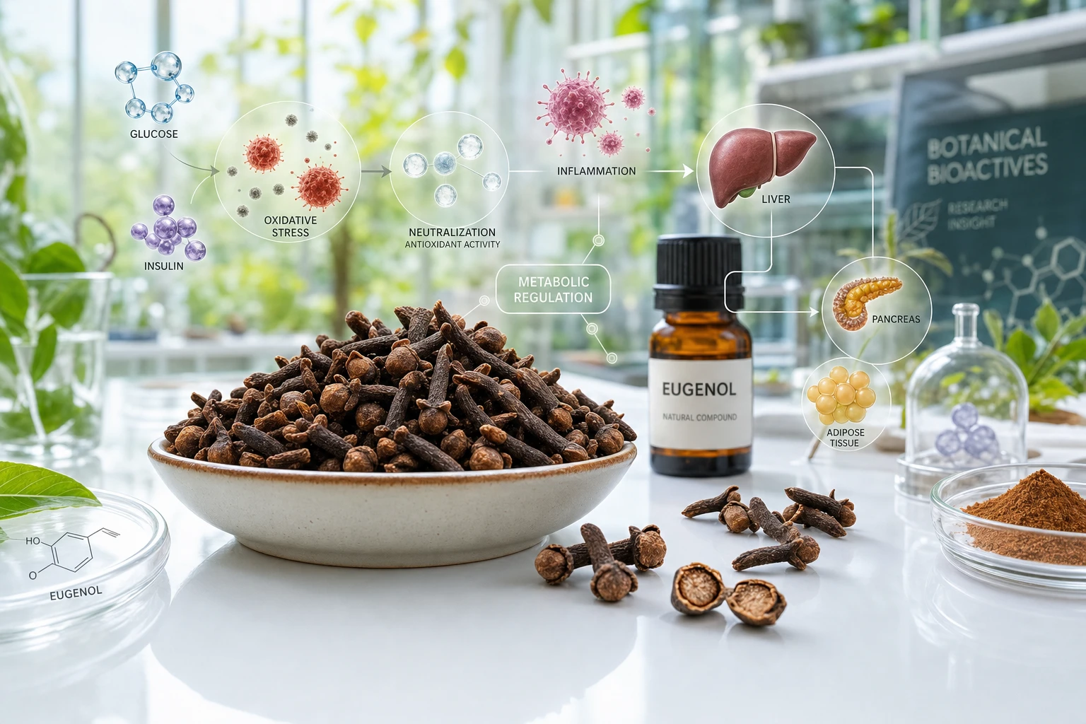 Cloves with scientific overlays on glycemia, insulin resistance, inflammation, and oxidative stress in a bright botanical environment.