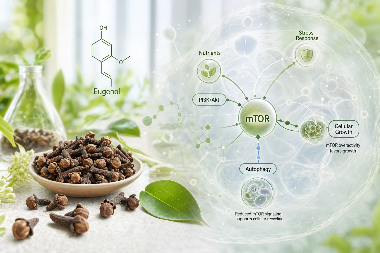 Cloves and eugenol molecule linked to mTOR, with autophagy and metabolic regulation symbols in a scientific scene.