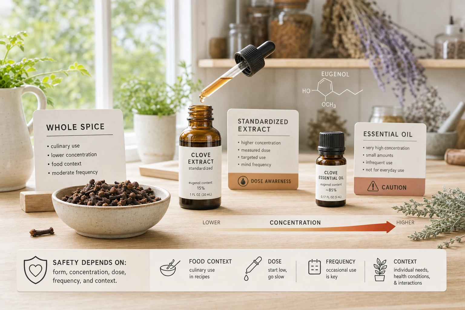 Cloves, extract and essential oil in visual comparison, to explain safety, dose and caution in use.