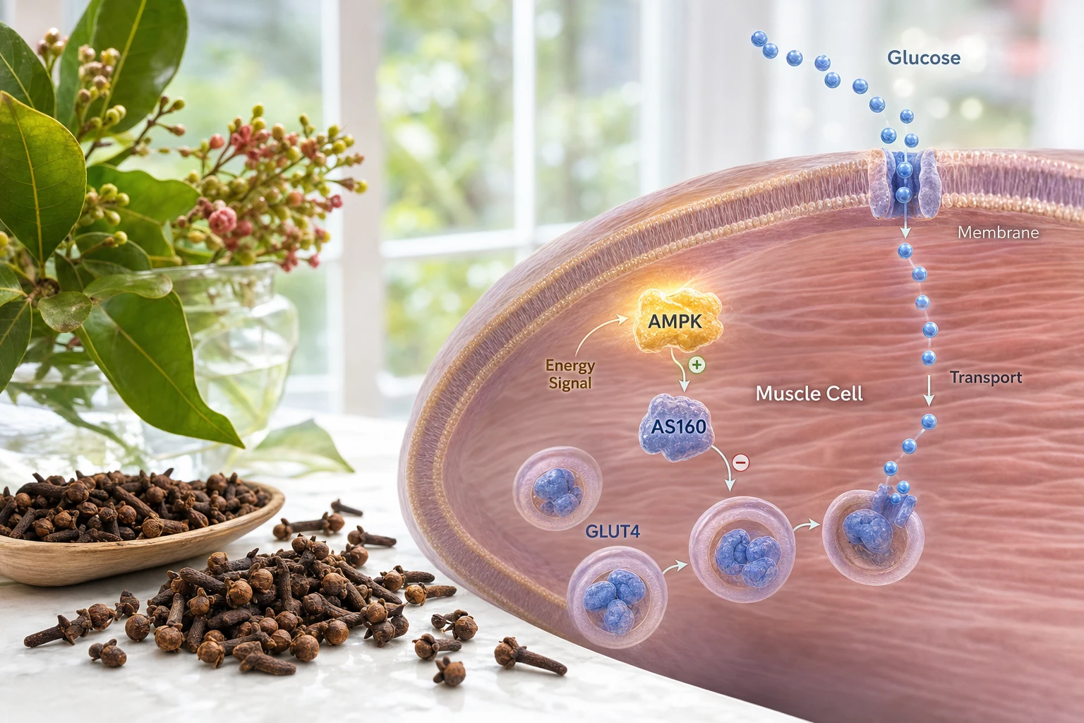 Cloves and a biological diagram of AMPK, AS160, and GLUT4 that promotes glucose entry into the muscle.