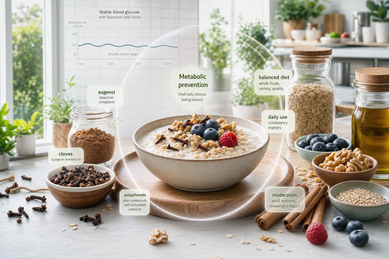 Cloves in a balanced breakfast, with whole foods and visual references to metabolic prevention and glycemic control.