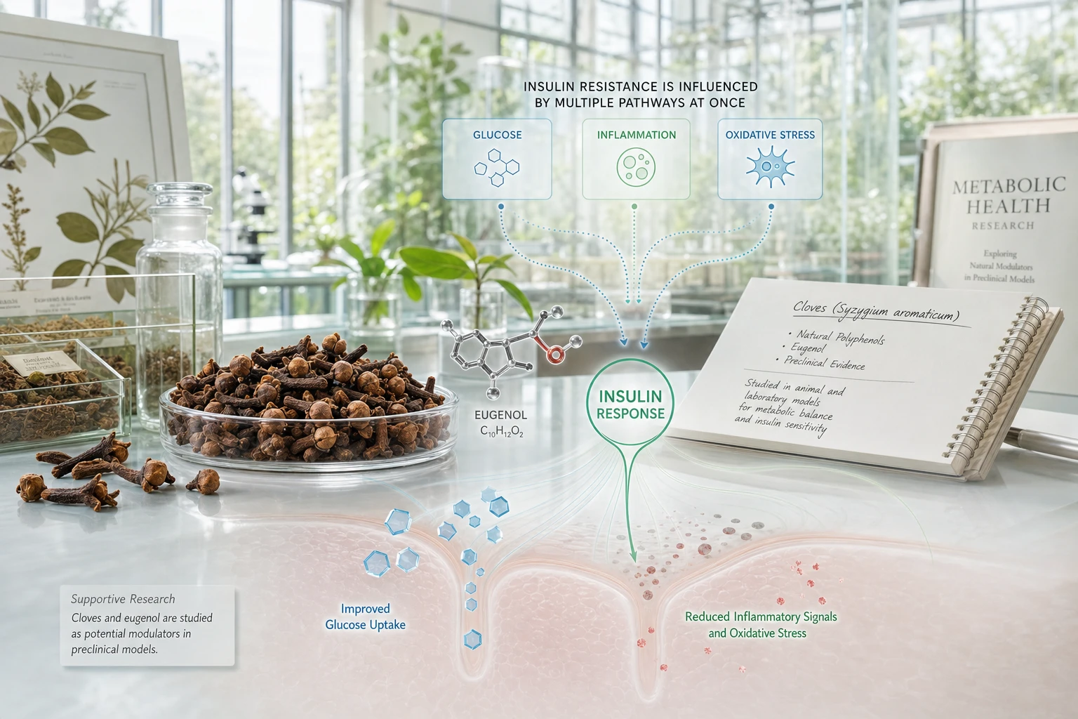 Cloves and eugenol in a biological scene that recalls the modulation of insulin resistance and glucose metabolism.
