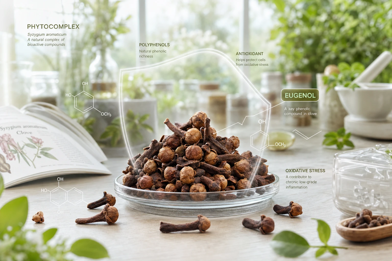 Dried cloves with graphic references to eugenol, polyphenols, and antioxidant activity in a bright botanical setting.