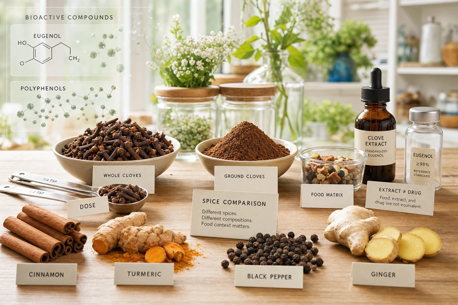 Cloves with other spices, visual balance between dose, food form, eugenol, polyphenols and nutritional comparison.