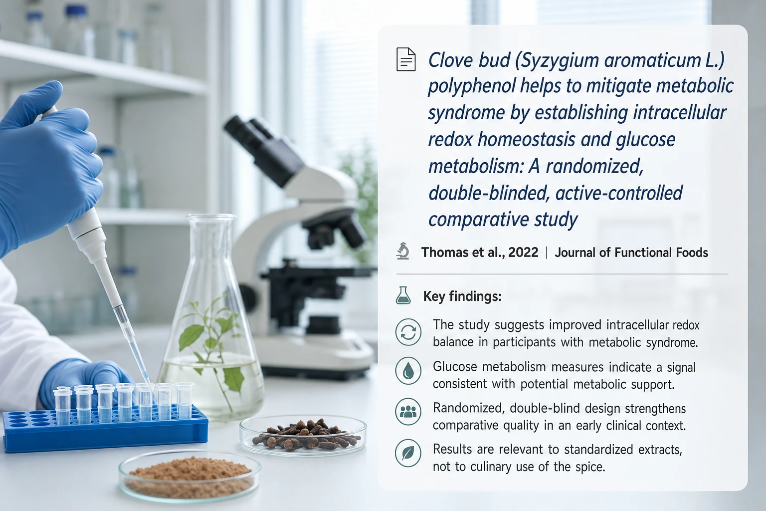 Recent research and updates: Clove bud (Syzygium aromaticum L.) polyphenol helps to mitigate metabolic syndrome by establishing intracellular redox homeostasis and glucose metabolism: A randomized, double-blinded, active-controlled comparative study