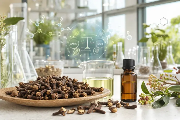 Cloves with references to eugenol and metabolic regulation, in a bright and realistic scientific scene.