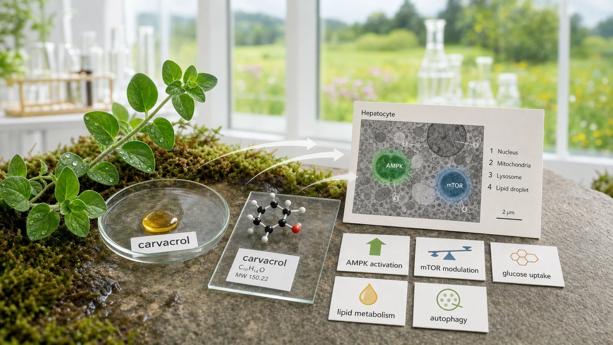 Still-life with oregano, carvacrol drop on glass, schematic 'AMPK' and 'mTOR' labels for energy rebalancing.