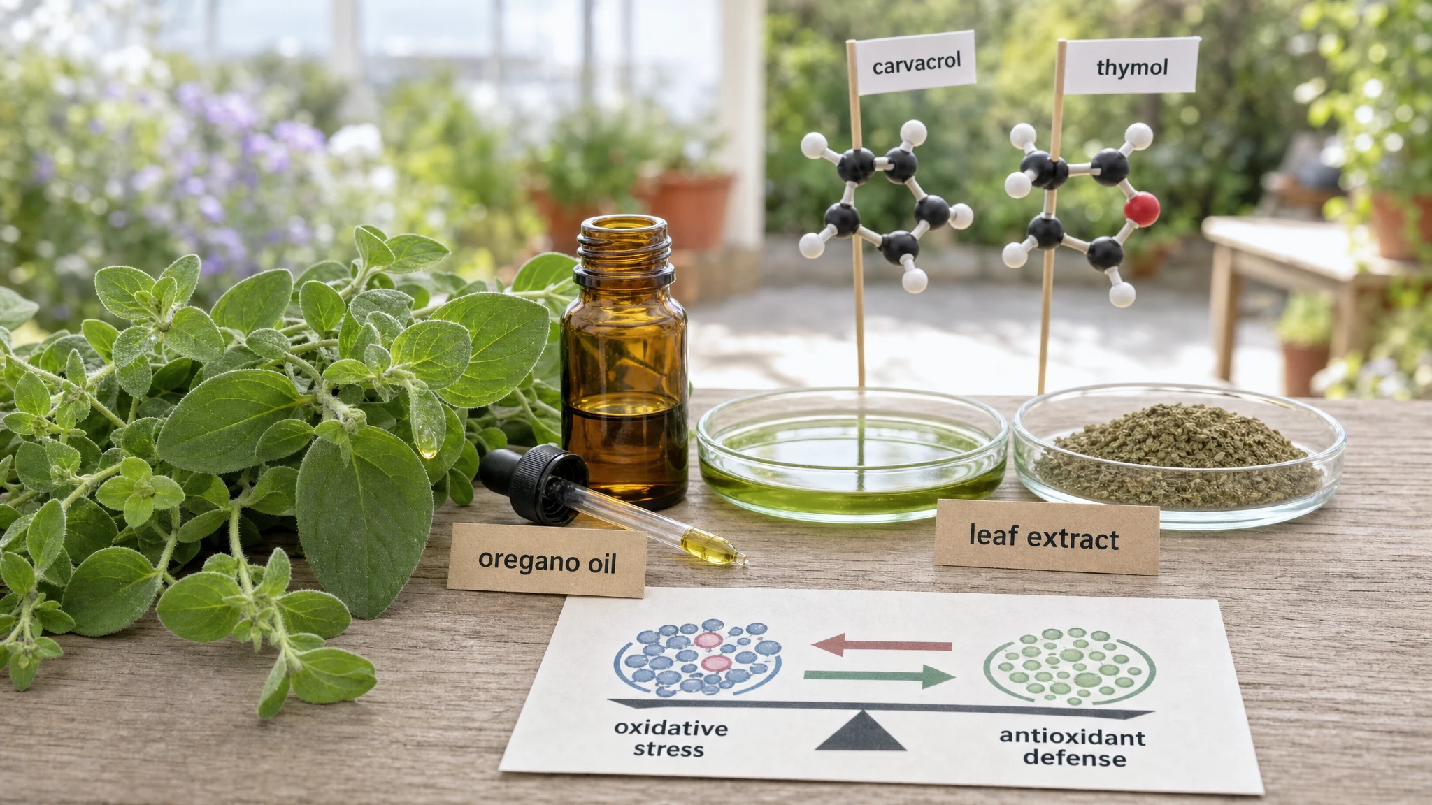 Still life with oregano, essential oil, carvacrol and thymol models, redox labels, blurred garden background.