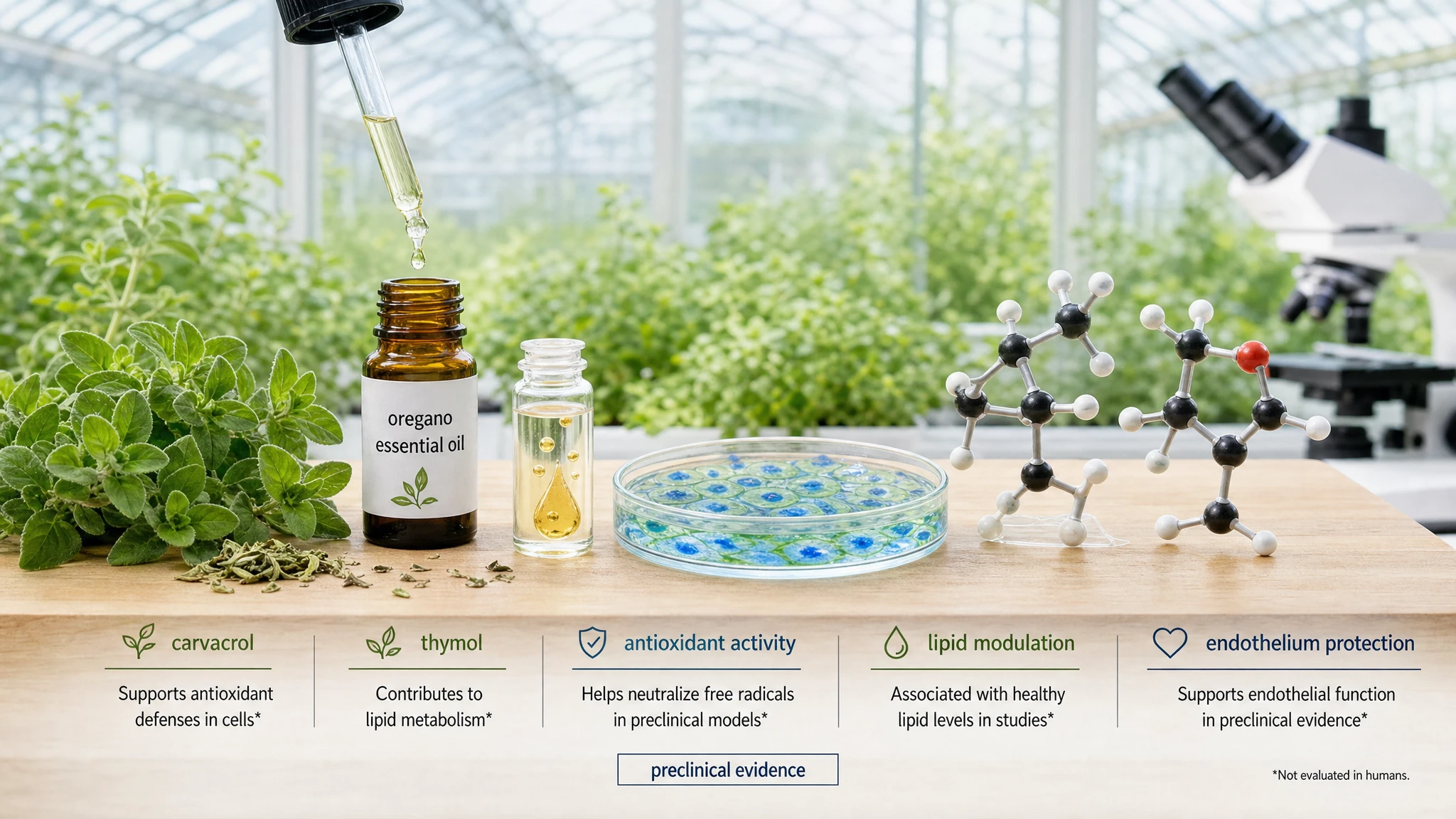 Still life with oregano, oil vial, molecular model and cell plate evoking research on lipids and vessels.