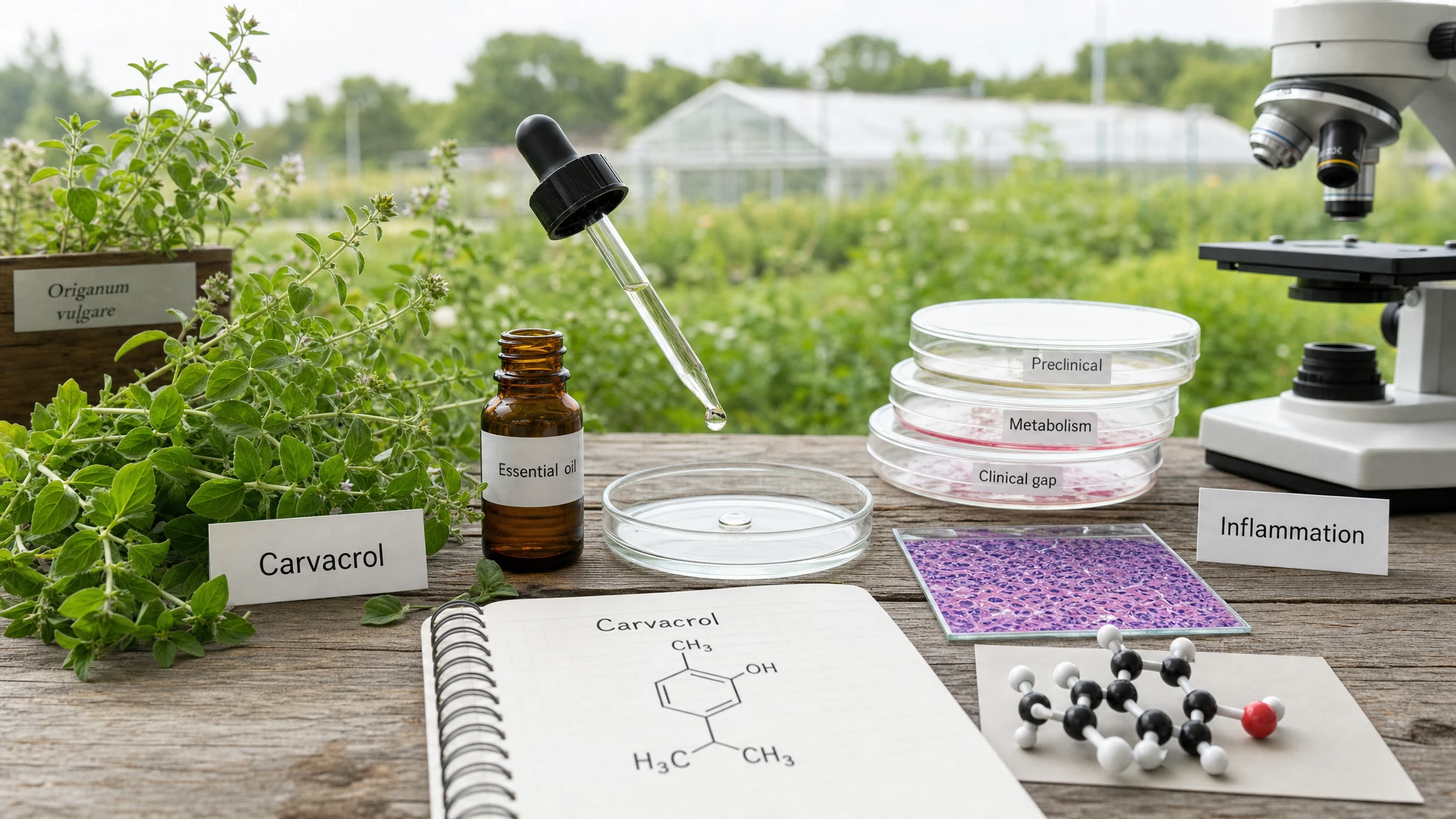 Still-life with oregano, oil vial, petri dishes, and molecular model, illustrating preclinical studies on metabolism and inflammation.