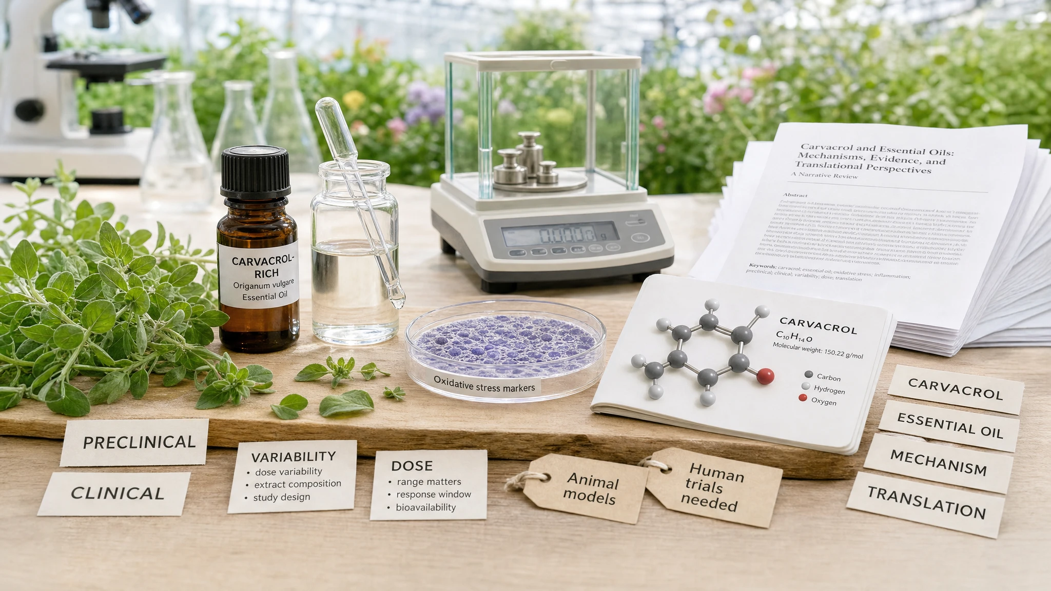 Still-life with oregano, vial labeled carvacrol, petri dish and labels showing preclinical versus clinical evidence and extract variability.