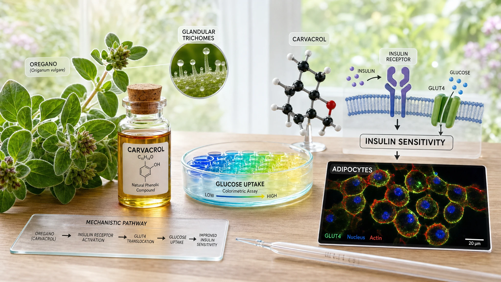 Still-life of oregano with carvacrol vial, glucose test, and cell slide suggesting increased glucose uptake.