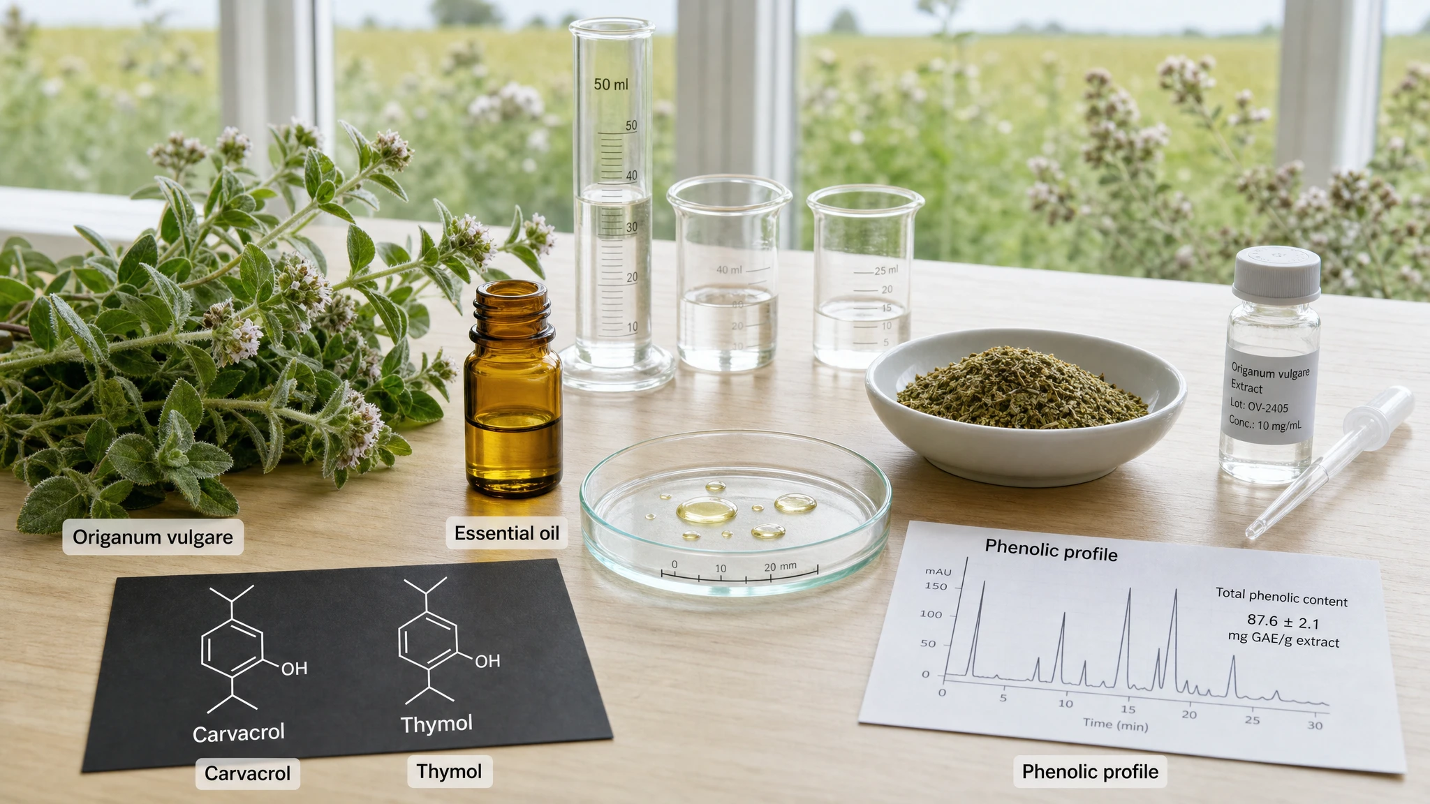 Still-life with fresh oregano, essential oil, diagrams of carvacrol and thymol, and a chromatogram highlighting phenolic compounds.
