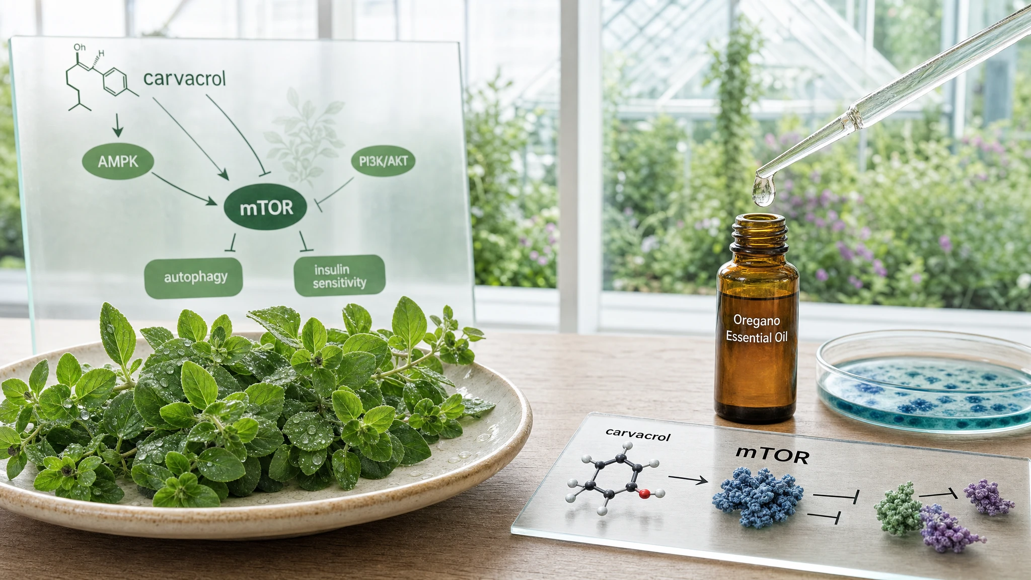 Still-life of oregano sprigs, amber oil vial, pipette droplet transforming into molecular models labeled mTOR and AMPK, herb garden background.
