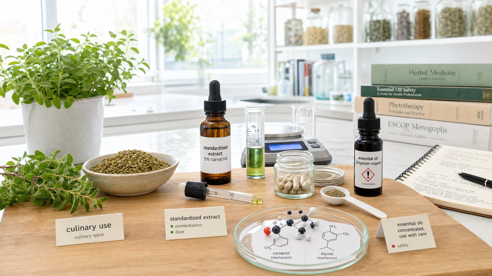 Still life with fresh oregano, dried spice, standardized extract, essential oil, capsules, measuring tools and informational labels.