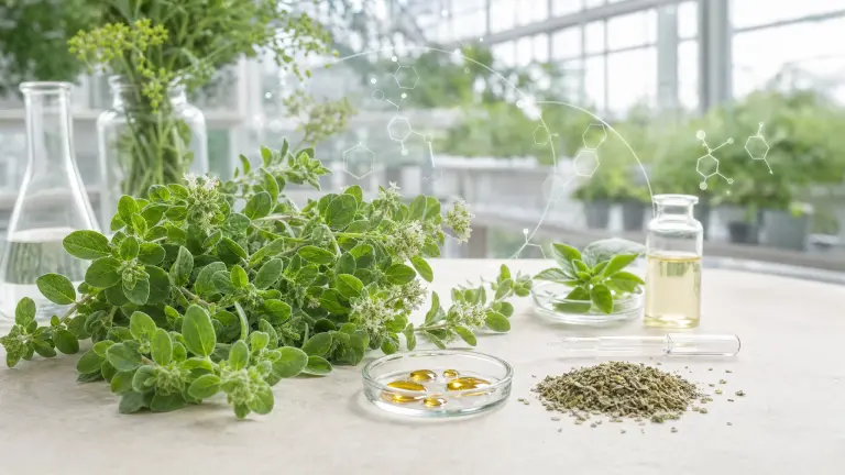 Fresh oregano with drops of essential oil and molecular references, in a bright botanical-scientific context that evokes preclinical benefits and caution in use.