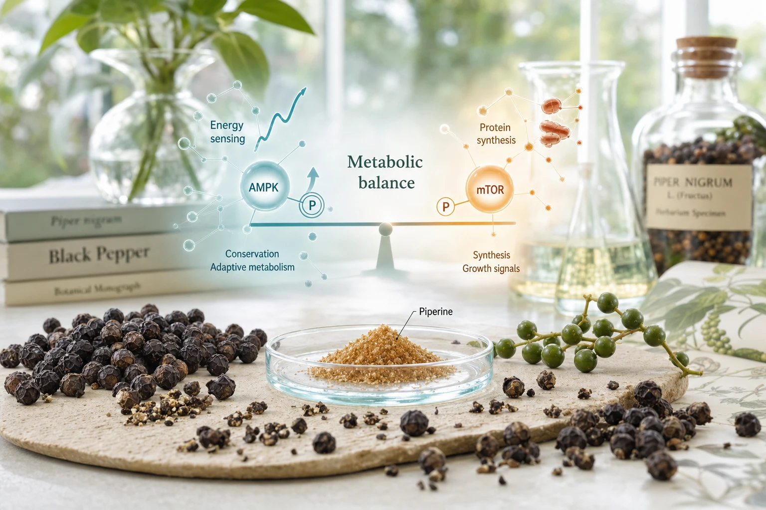 Scientific composition on black pepper and energy metabolism, with piperine, AMPK and mTOR signals in a realistic editorial context.