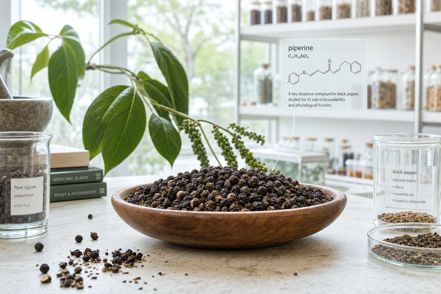 Black peppercorns, Piper nigrum fruits, and a reference to piperine, in a bright and natural scientific scene.