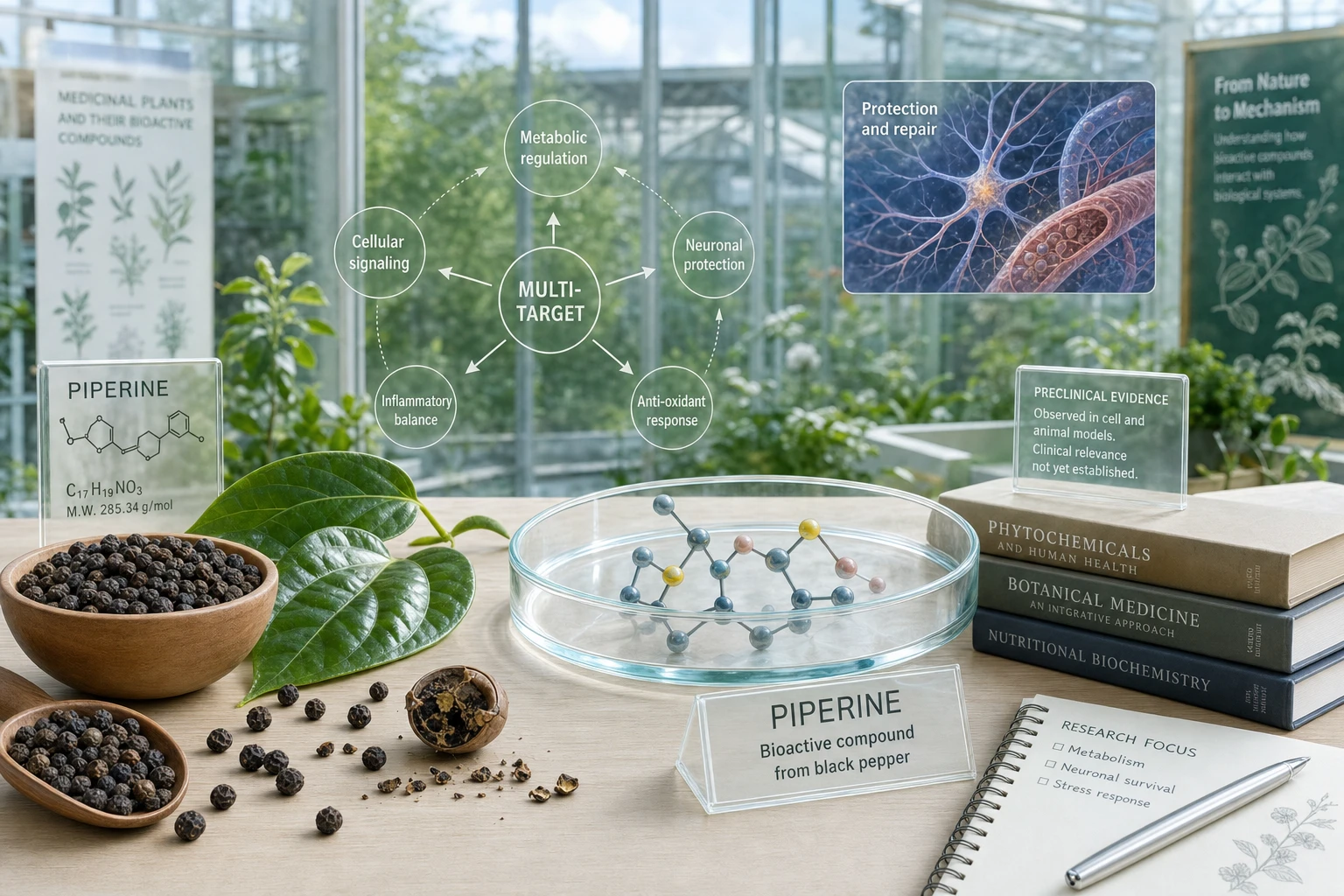 Black pepper and piperine in a clinical scientific context, with visual references to biological research and cellular mechanisms.