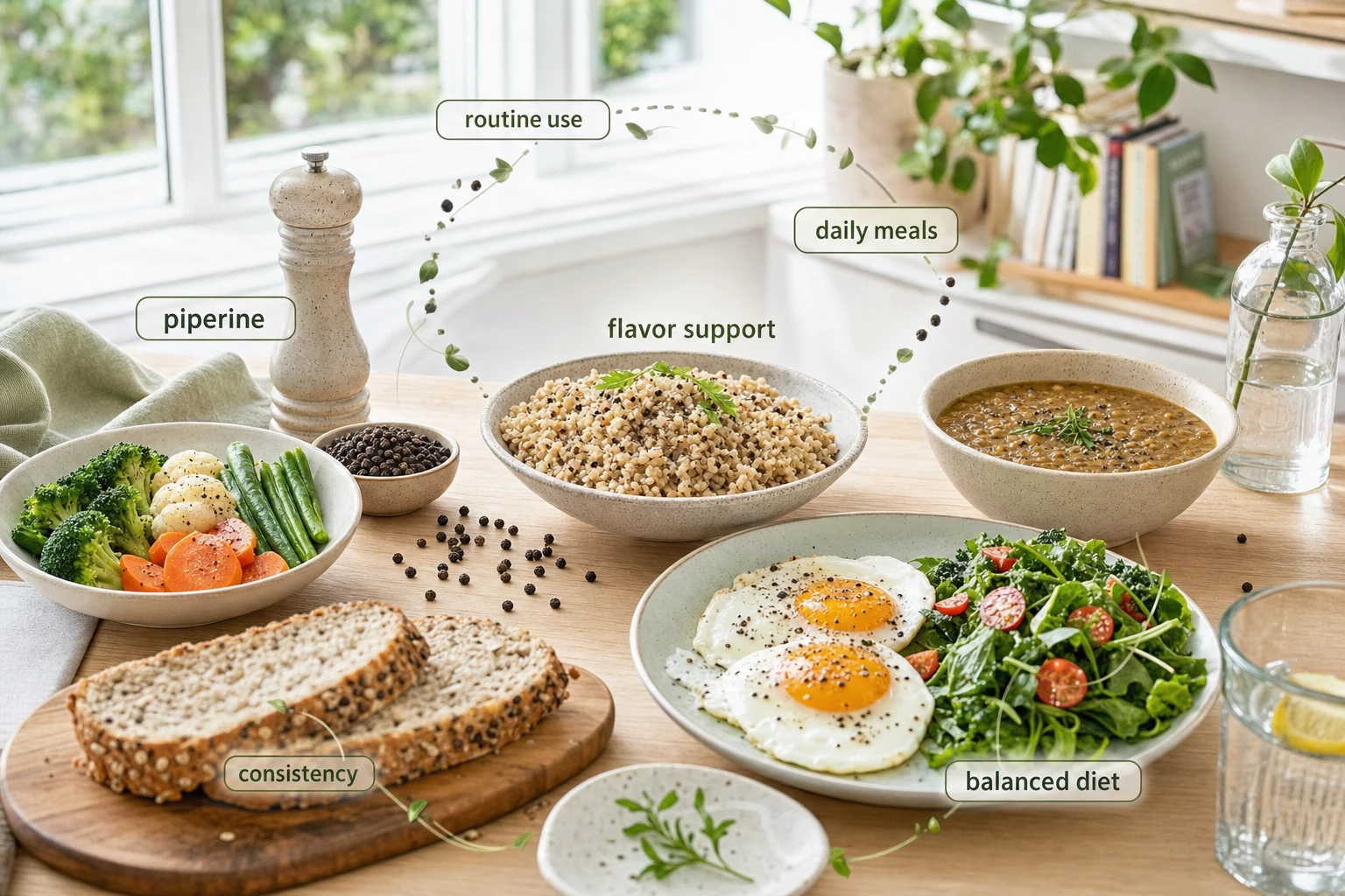 Black pepper used daily in a bright kitchen, alongside simple dishes of vegetables, grains, legumes, and eggs.