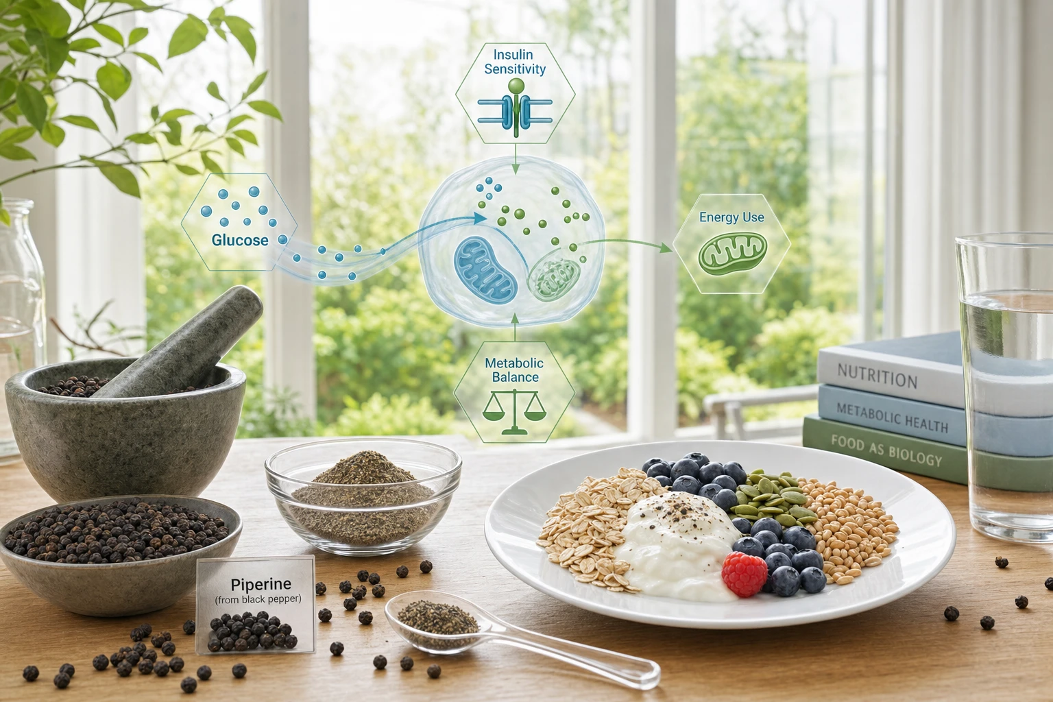 Black pepper, piperine and metabolism: editorial scene with foods, glycemic indicators and energy balance.