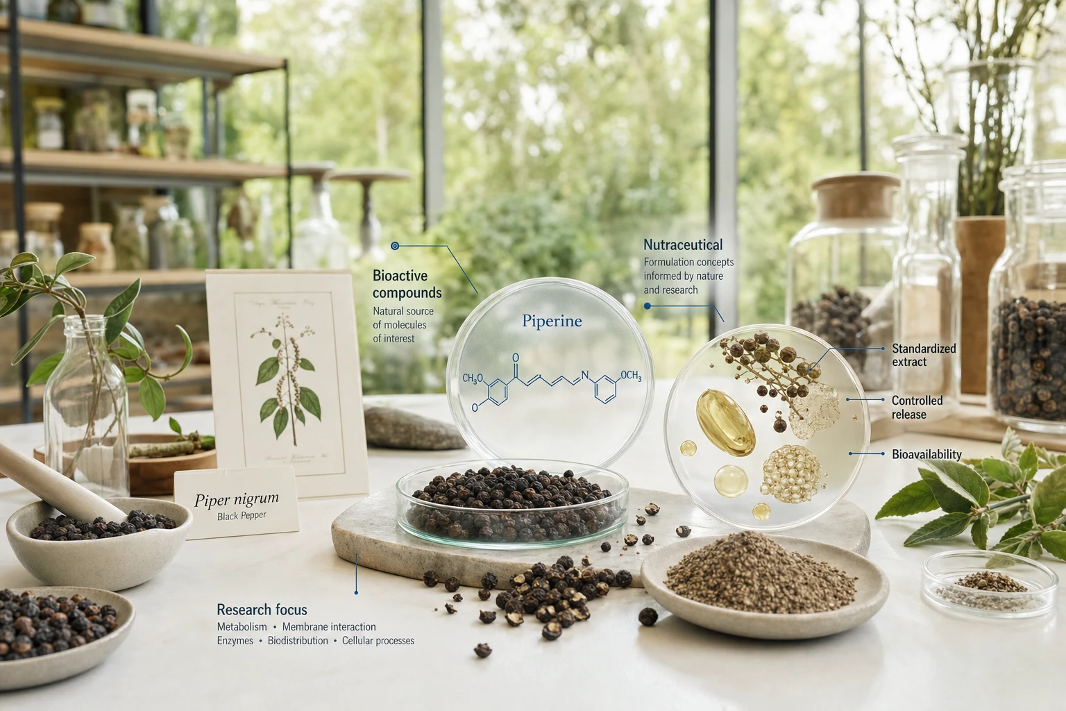 Black pepper, piperine, and innovative formulations studied in a bright botanical scientific context.