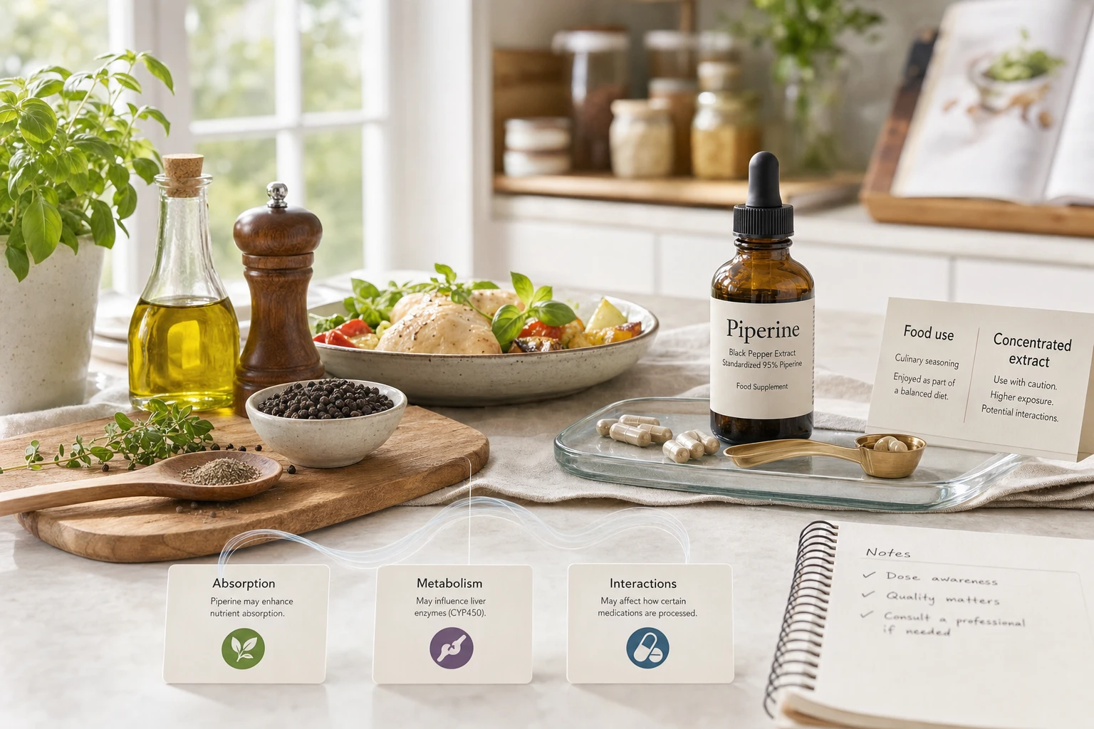 Black pepper in the kitchen next to a piperine extract, to illustrate dosage, safety, and possible interactions.