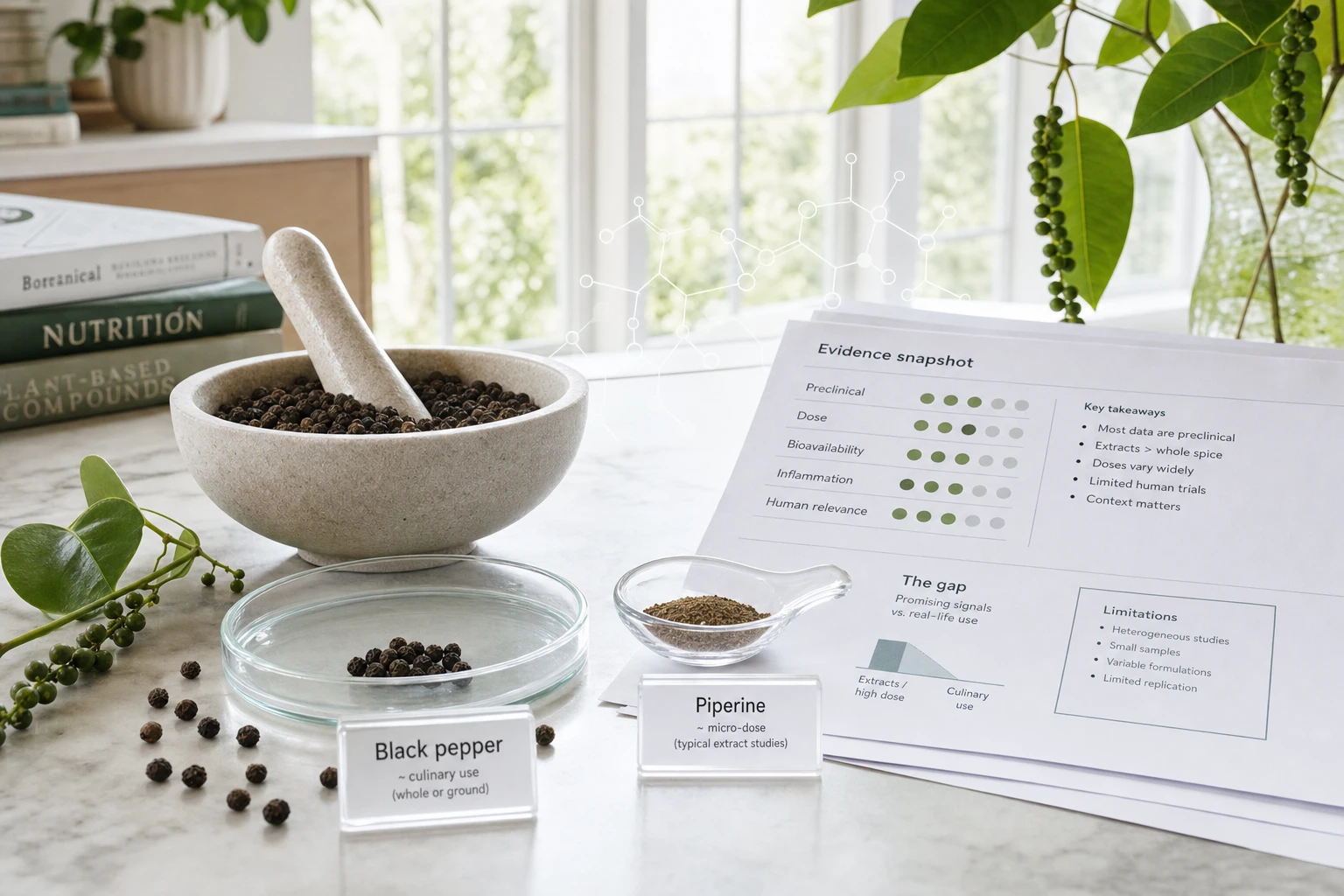 Scientific composition with black pepper, piperine, graphs, and biological references, to explain evidence, limitations, and myths in research.