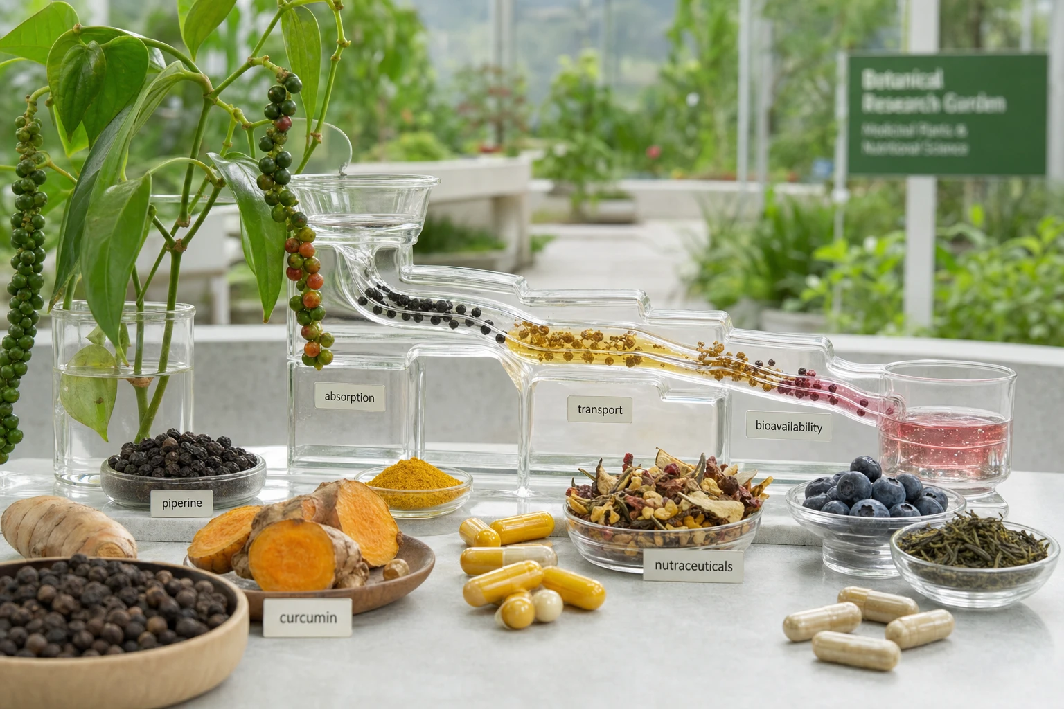 Scientific still-life with black pepper, piperine, and plant ingredients symbolizing nutrient absorption and bioavailability.