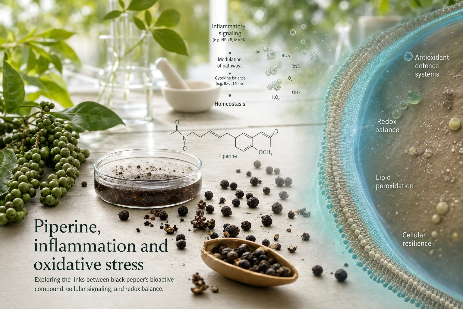 Scientific still life with black pepper, piperine, and symbols of balance between oxidative stress and anti-inflammatory defense.