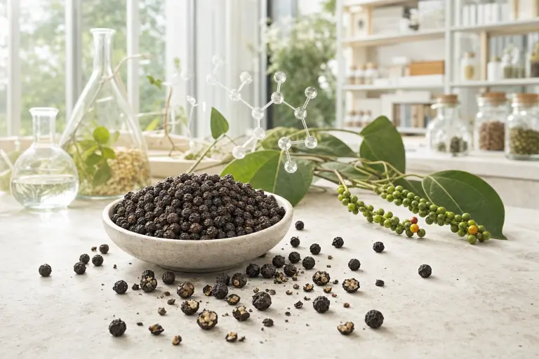 Peppercorns, Piper nigrum leaves, and cracked grains in a bright scientific still-life showing black pepper’s bioactive matrix.