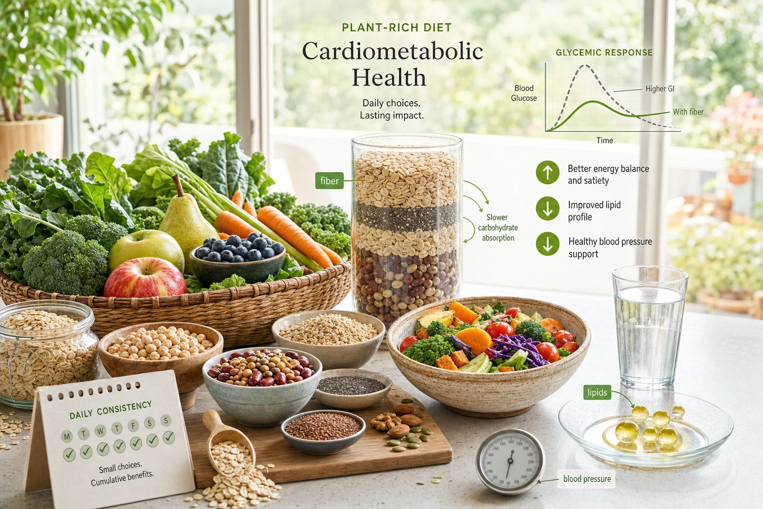 Still-life with fiber-rich foods, glycemic curves, and cardiometabolic symbols, in a bright, scientific home setting.