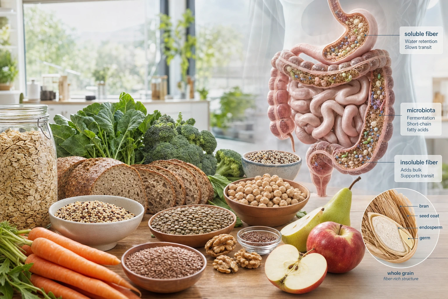 Fiber-rich foods with scientific reference to the gut and digestive transit, in a bright and realistic editorial scene.