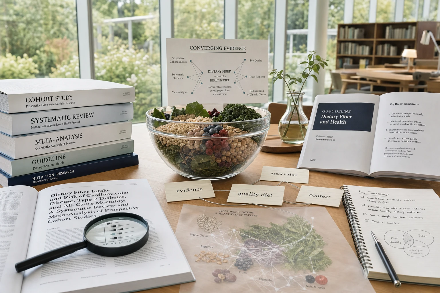 Editorial composition with scientific studies, meta-analyses, and plant-based foods, to explain the evidence on fiber and common myths.